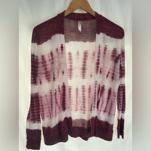 Warm and cute! Live Love Dream Cardigan. Tie dye maroon and white.